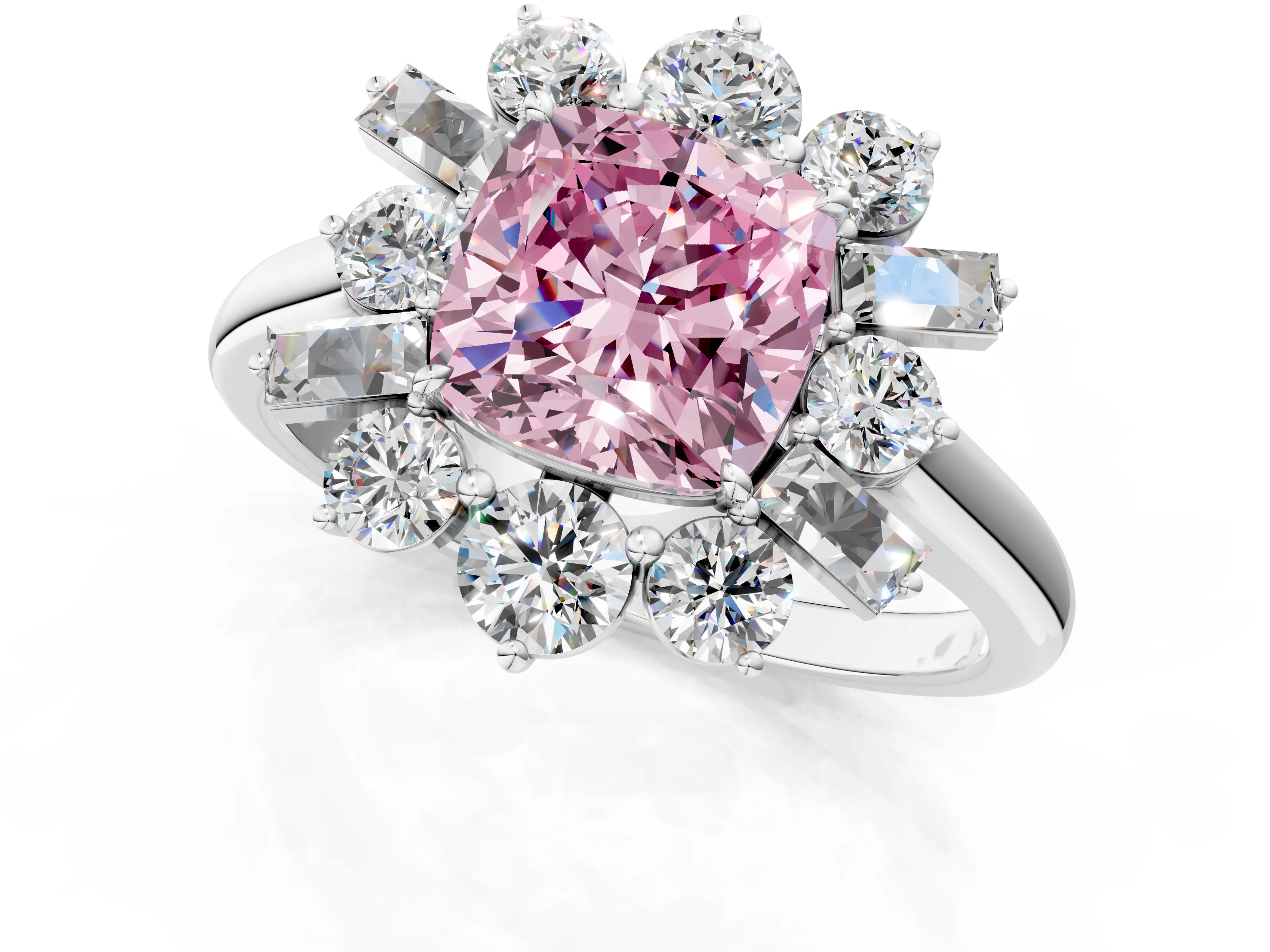 White gold Fancy Pink Cushion Cut Diamond Cluster Ring with Round and Baguette Stones, Split Shank Band, Prong Setting_13