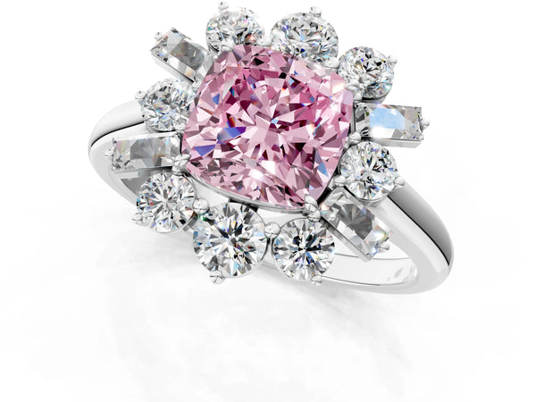 Platinum Fancy Pink Cushion Cut Diamond Cluster Ring with Round and Baguette Stones, Split Shank Band, Prong Setting