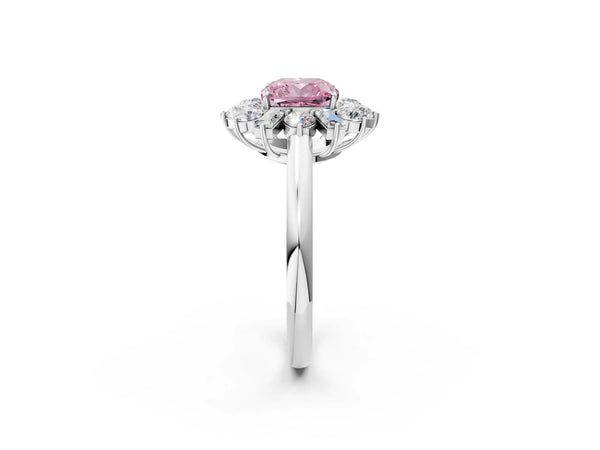 Platinum Fancy Pink Cushion Cut Diamond Cluster Ring with Round and Baguette Stones, Split Shank Band, Prong Setting