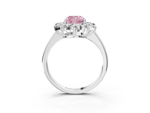 Platinum Fancy Pink Cushion Cut Diamond Cluster Ring with Round and Baguette Stones, Split Shank Band, Prong Setting