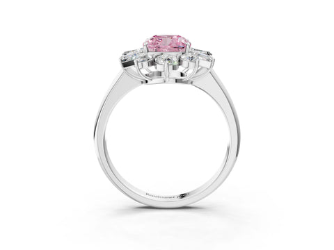 White gold Fancy Pink Cushion Cut Diamond Cluster Ring with Round and Baguette Stones, Split Shank Band, Prong Setting_15