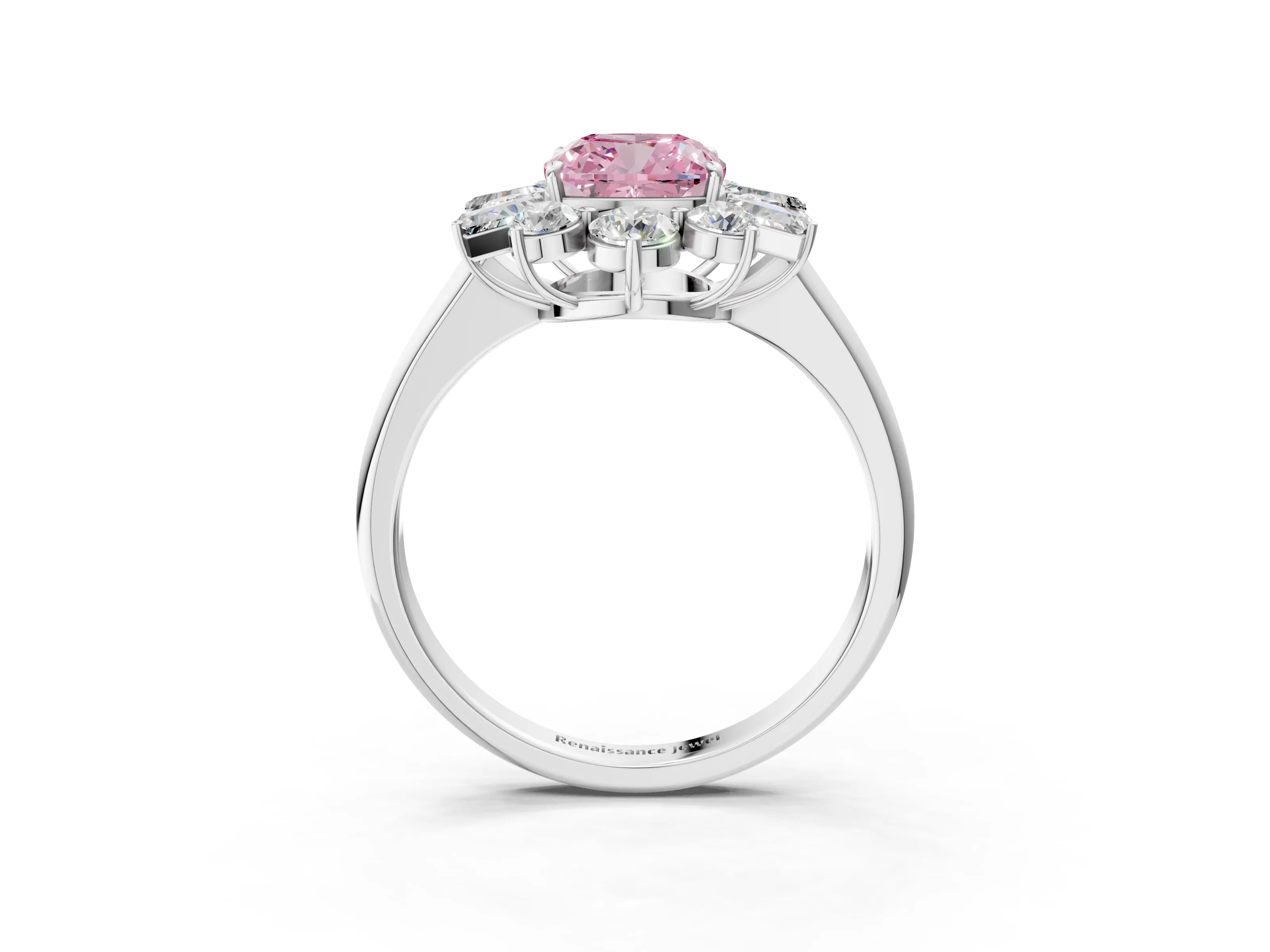 White gold Fancy Pink Cushion Cut Diamond Cluster Ring with Round and Baguette Stones, Split Shank Band, Prong Setting_15
