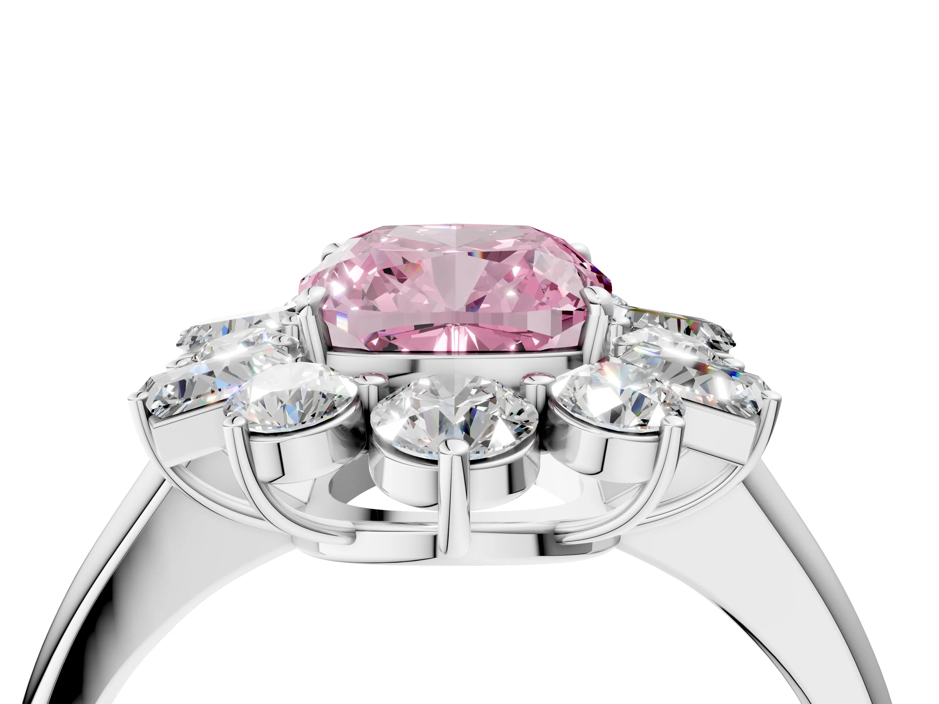 White gold Fancy Pink Cushion Cut Diamond Cluster Ring with Round and Baguette Stones, Split Shank Band, Prong Setting_16