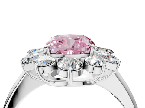 White gold Fancy Pink Cushion Cut Diamond Cluster Ring with Round and Baguette Stones, Split Shank Band, Prong Setting_16