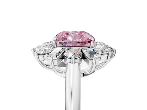 White gold Fancy Pink Cushion Cut Diamond Cluster Ring with Round and Baguette Stones, Split Shank Band, Prong Setting_17
