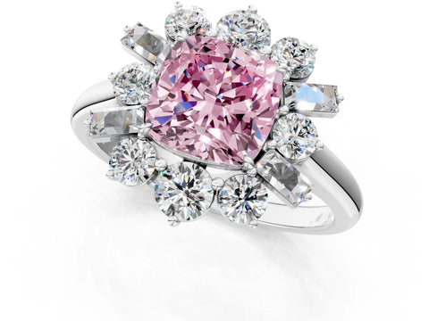 White gold Fancy Pink Cushion Cut Diamond Cluster Ring with Round and Baguette Stones, Split Shank Band, Prong Setting_1