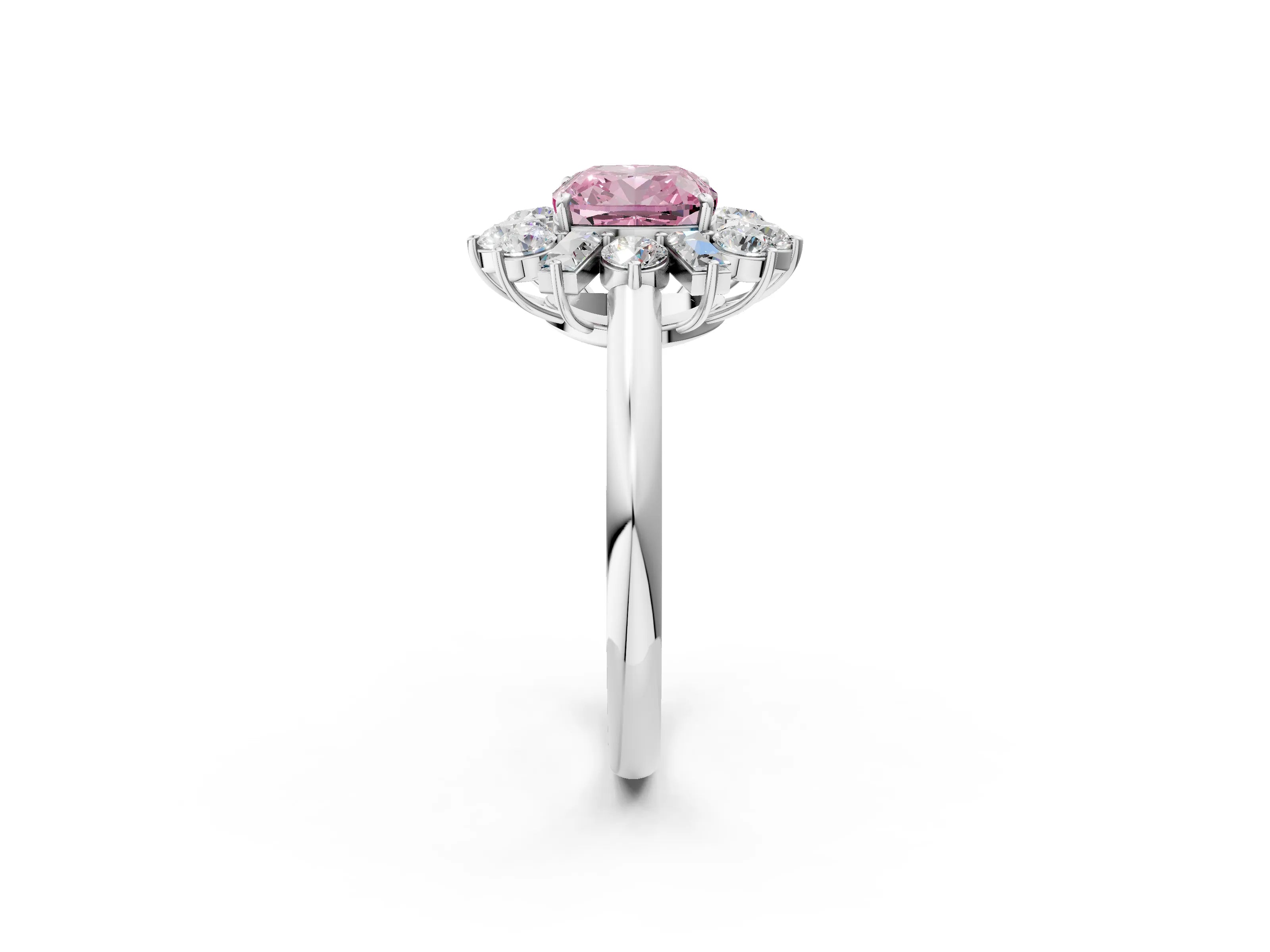 White gold Fancy Pink Cushion Cut Diamond Cluster Ring with Round and Baguette Stones, Split Shank Band, Prong Setting_2