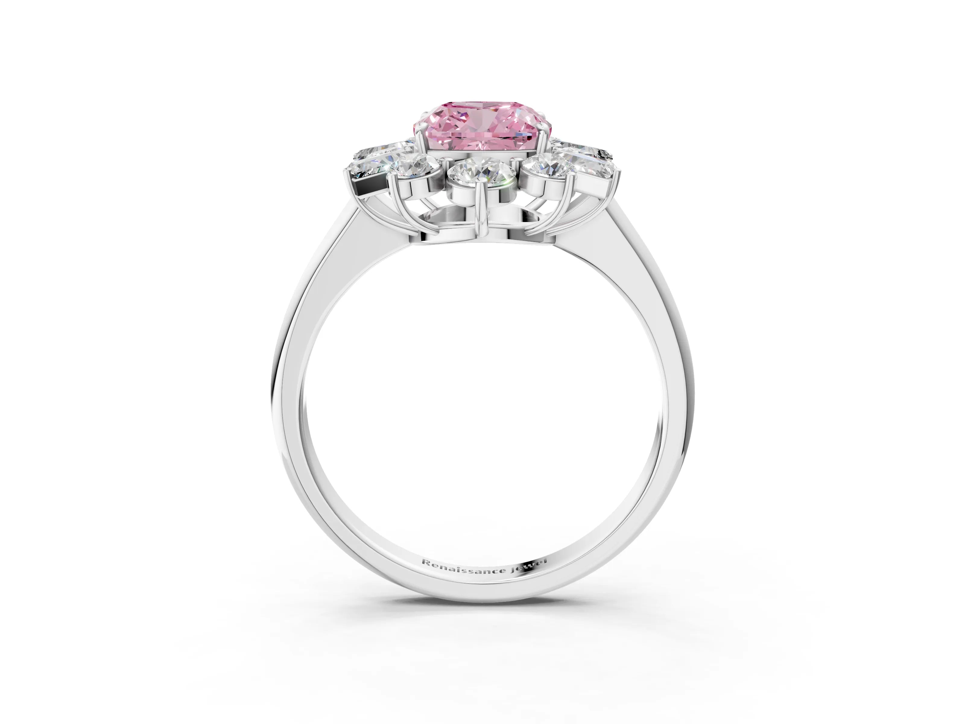 White gold Fancy Pink Cushion Cut Diamond Cluster Ring with Round and Baguette Stones, Split Shank Band, Prong Setting_3