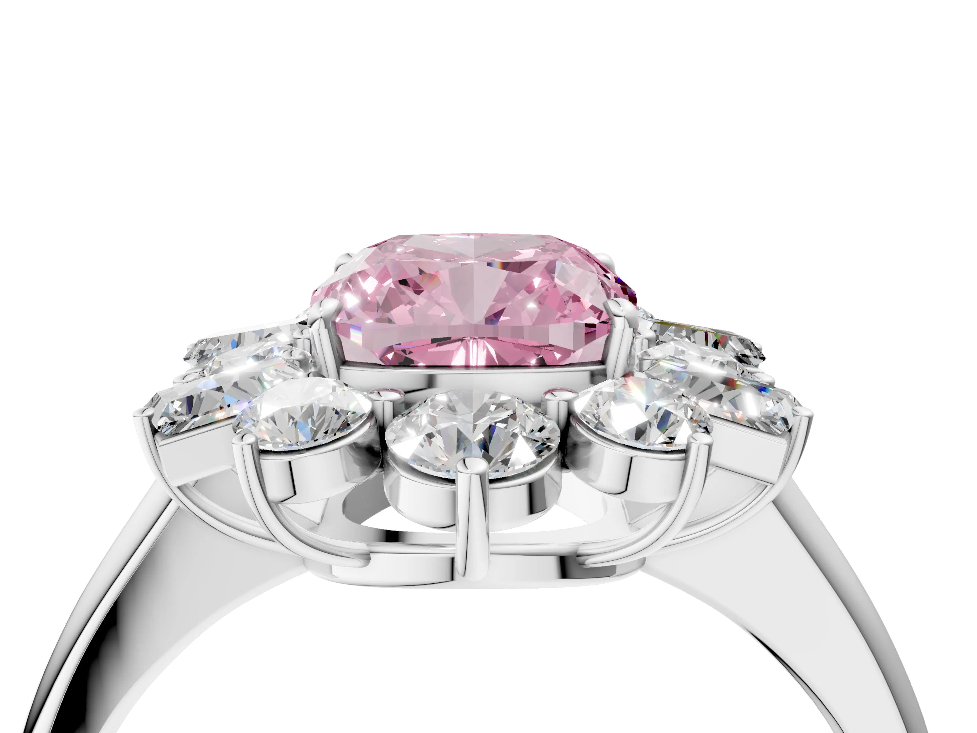 White gold Fancy Pink Cushion Cut Diamond Cluster Ring with Round and Baguette Stones, Split Shank Band, Prong Setting_4