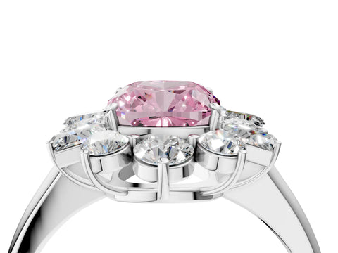 White gold Fancy Pink Cushion Cut Diamond Cluster Ring with Round and Baguette Stones, Split Shank Band, Prong Setting_4