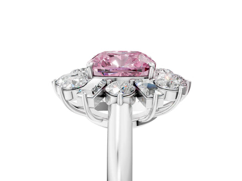 White gold Fancy Pink Cushion Cut Diamond Cluster Ring with Round and Baguette Stones, Split Shank Band, Prong Setting_5