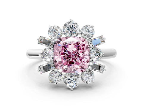 White gold Fancy Pink Cushion Cut Diamond Cluster Ring with Round and Baguette Stones, Split Shank Band, Prong Setting