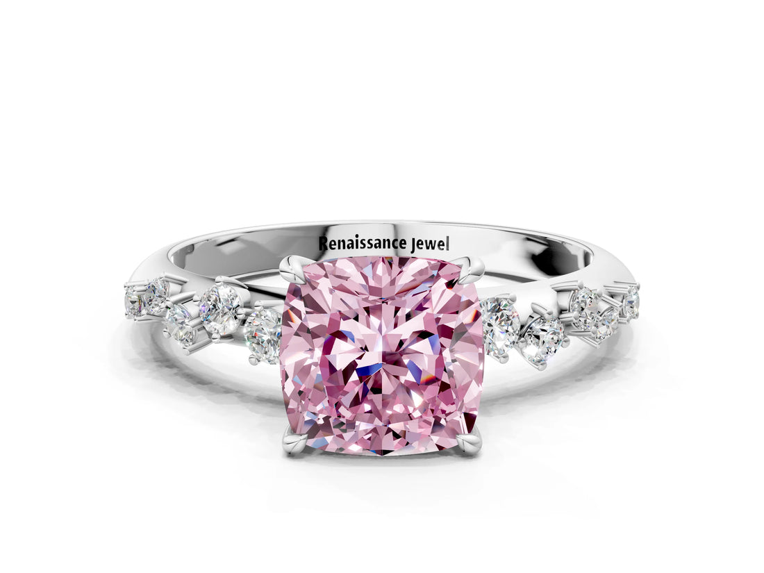White gold Fancy Pink Cushion Cut Diamond Cluster Side Stone Solitaire Ring with Prong Setting_125
