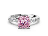 White gold Fancy Pink Cushion Cut Diamond Cluster Side Stone Solitaire Ring with Prong Setting_125