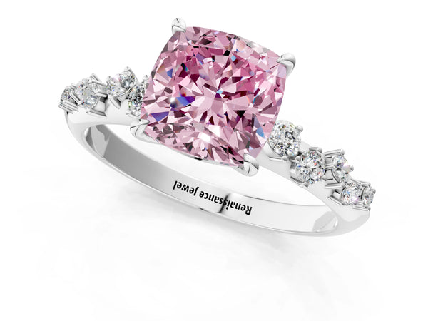 Platinum Fancy Pink Cushion Cut Diamond Cluster Side Stone Solitaire Ring with Prong Setting