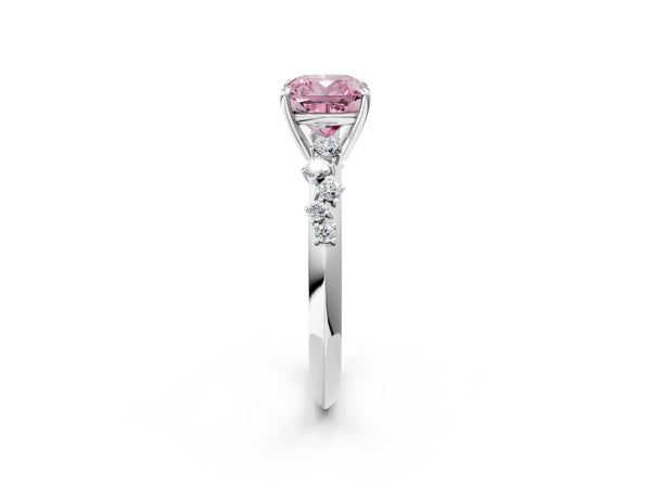 Platinum Fancy Pink Cushion Cut Diamond Cluster Side Stone Solitaire Ring with Prong Setting
