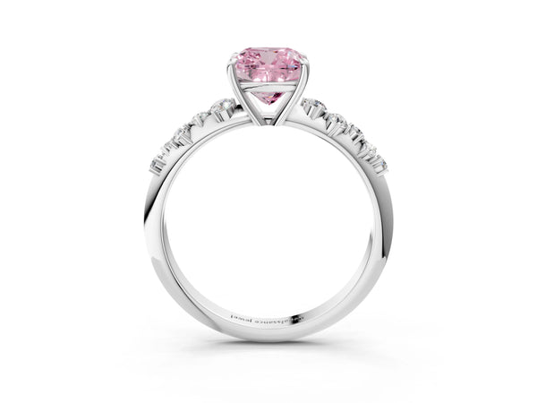 Platinum Fancy Pink Cushion Cut Diamond Cluster Side Stone Solitaire Ring with Prong Setting