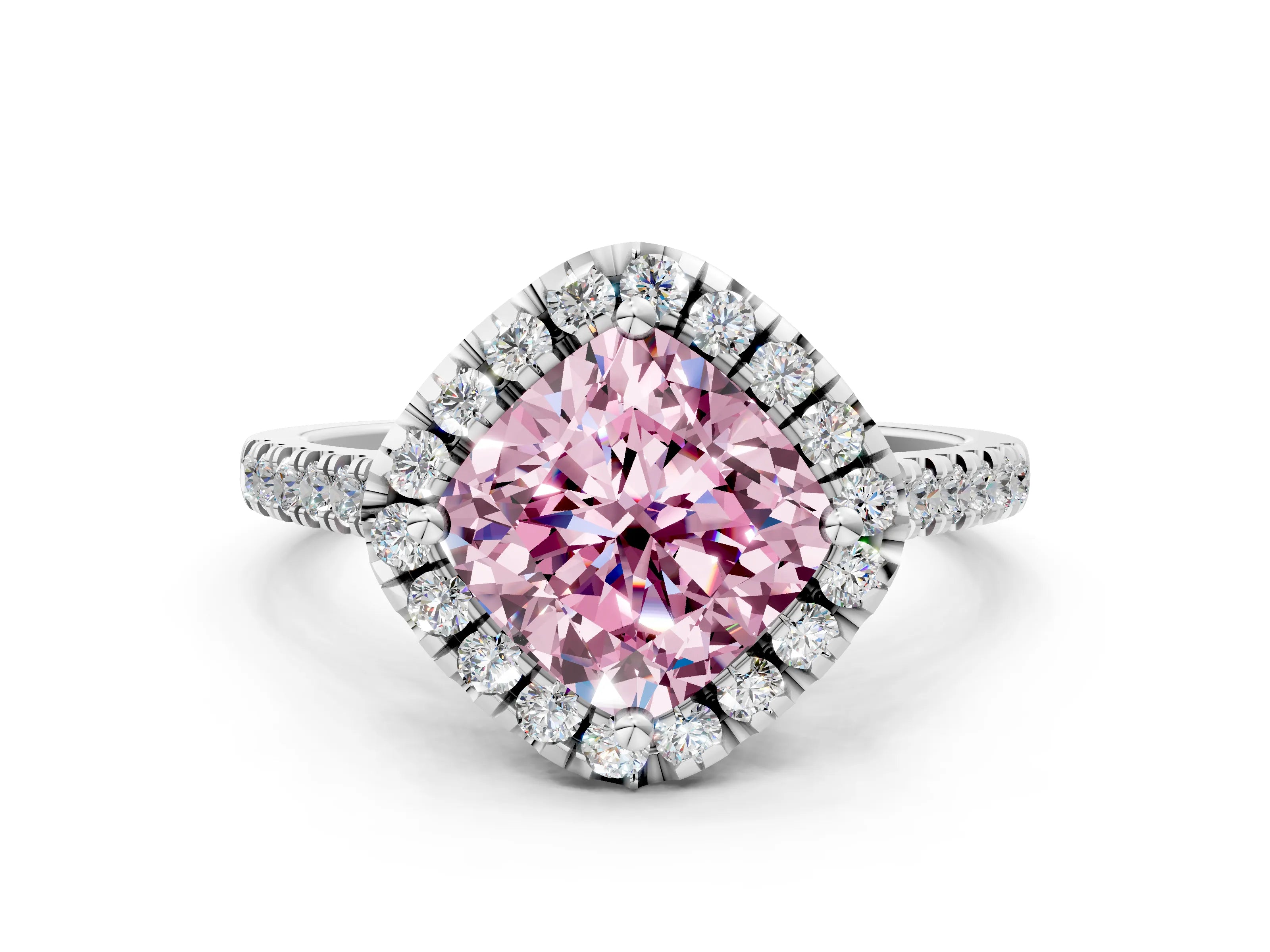White gold Fancy Pink Cushion Cut Diamond Cushion Halo Ring with Pavé Band