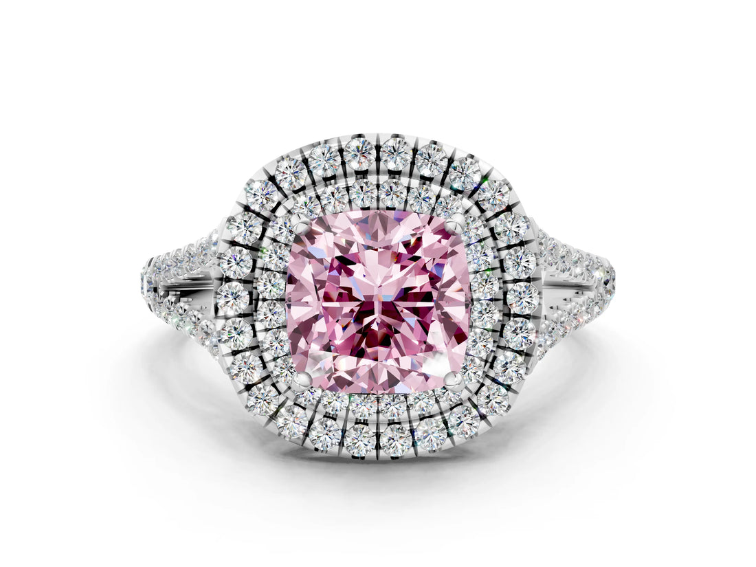 White gold Fancy Pink Cushion Cut Diamond Double Halo Ring with Pavé Band and Prong Setting_125