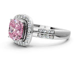White gold Fancy Pink Cushion Cut Diamond Double Halo Ring with Split Shank and Four-Prong Setting
