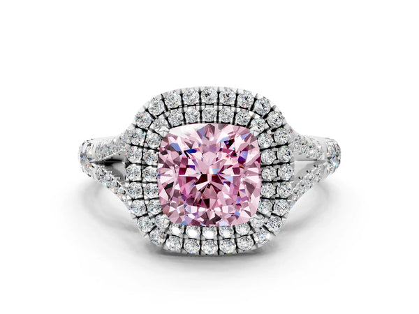 Platinum Fancy Pink Cushion Cut Diamond Double Halo Ring with Split Shank and Prong Setting