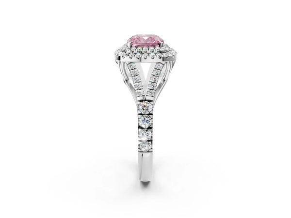 Platinum Fancy Pink Cushion Cut Diamond Double Halo Ring with Split Shank and Prong Setting
