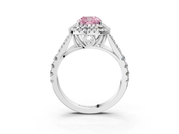 Platinum Fancy Pink Cushion Cut Diamond Double Halo Ring with Split Shank and Prong Setting