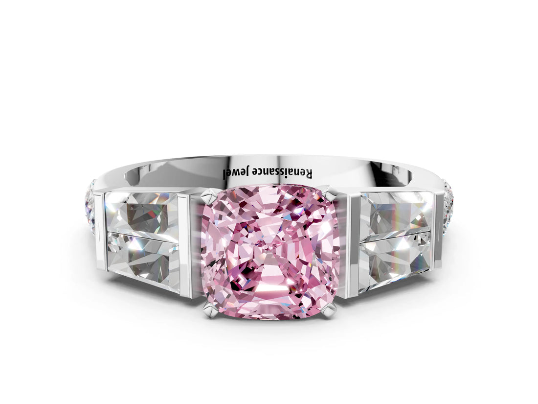 White gold Fancy Pink Cushion Cut Diamond Engagement Ring with Baguette Side Stones and Channel Set Band_32