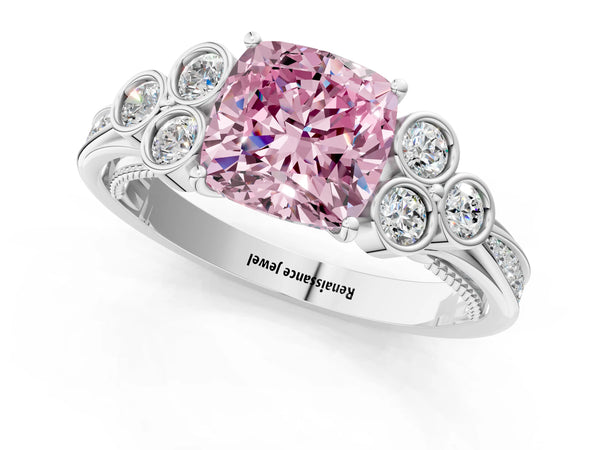 Platinum Cushion Cut Engagement Ring Setting for Fancy Pink Center with Bezel-Set Shoulder Clusters