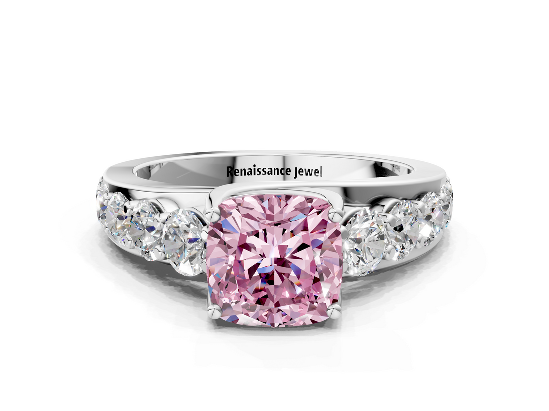 White gold Fancy Pink Cushion  Cut Diamond Engagement Ring with Pavé Band and Four-Prong Setting_3