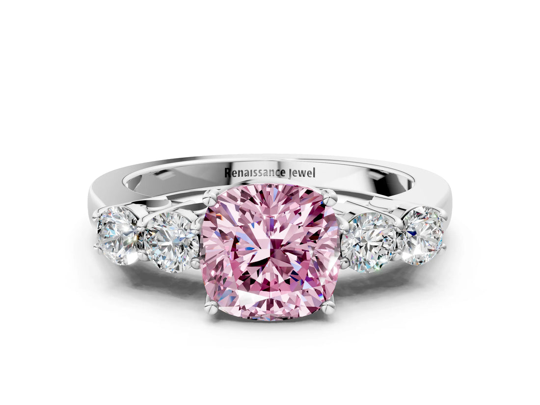 White gold Fancy Pink Cushion  Cut Diamond Five-Stone Prong Set White Gold Ring_31