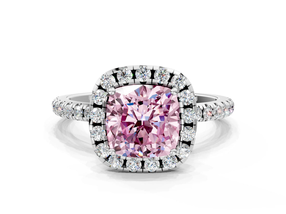 White gold Fancy Pink Cushion  Cut Diamond Floral Halo Engagement Ring with Pavé Band and Prong Setting_36