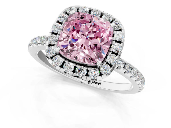 Platinum Fancy Pink Cushion  Cut Diamond Floral Halo Engagement Ring with Pavé Band and Prong Setting