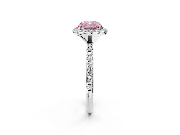 Platinum Fancy Pink Cushion  Cut Diamond Floral Halo Engagement Ring with Pavé Band and Prong Setting