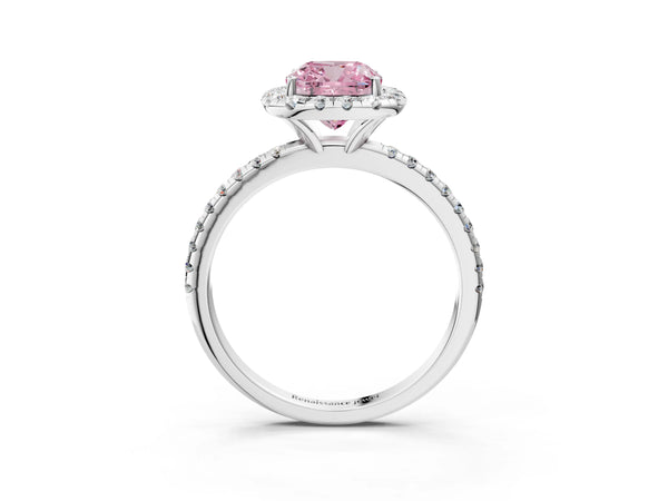 Platinum Fancy Pink Cushion  Cut Diamond Floral Halo Engagement Ring with Pavé Band and Prong Setting