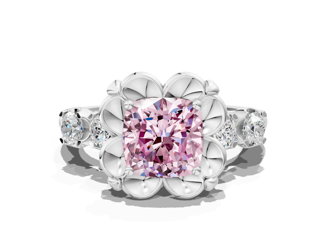 White gold Fancy Pink Cushion  Cut Diamond Floral Halo Engagement Ring with Shared Prong Setting