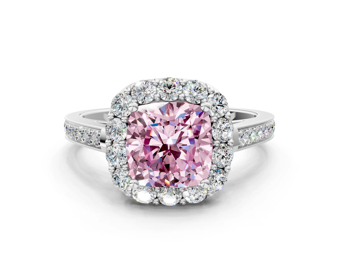 White gold Fancy Pink Cushion Cut Diamond Floral Halo Ring with Pavé Band and Prong Setting_7