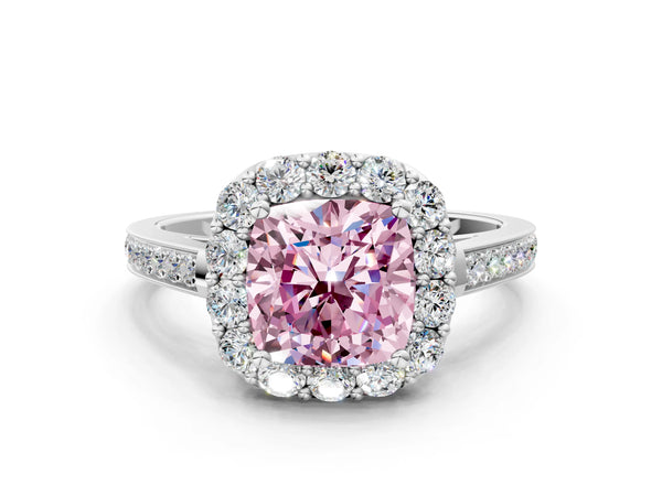 Platinum Fancy Pink Cushion Cut Diamond Floral Halo Ring with Pavé Band and Prong Setting