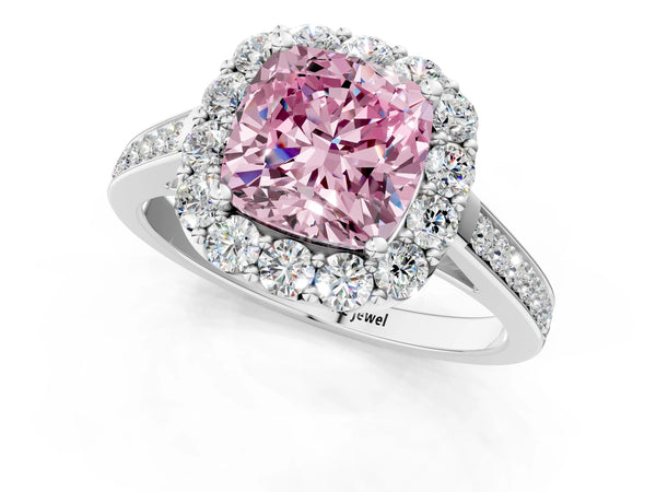 Platinum Fancy Pink Cushion Cut Diamond Floral Halo Ring with Pavé Band and Prong Setting