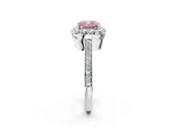 White gold Fancy Pink Cushion Cut Diamond Floral Halo Ring with Pavé Band and Prong Setting_9