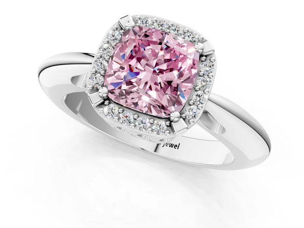 White gold Fancy Pink Cushion  Cut Diamond Halo Engagement Ring with Split Shank and Four-Prong Setting
