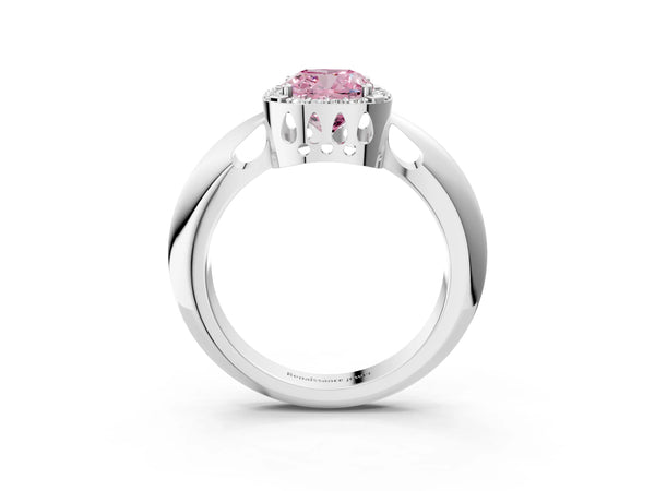 White gold Fancy Pink Cushion  Cut Diamond Halo Engagement Ring with Split Shank and Four-Prong Setting