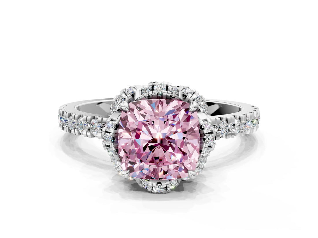 White gold Fancy Pink Cushion Cut Diamond Halo Pave Band with Four-Prong Setting_3