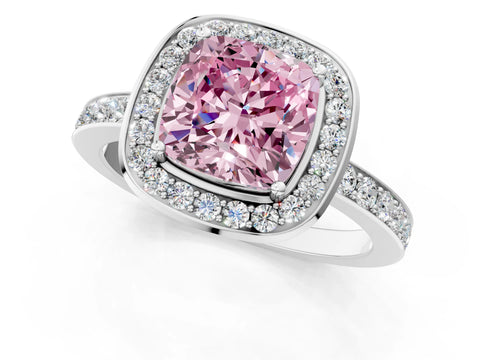White gold Fancy Pink Cushion Cut Diamond Halo Ring with Bezel Frame and Pavé Band_1
