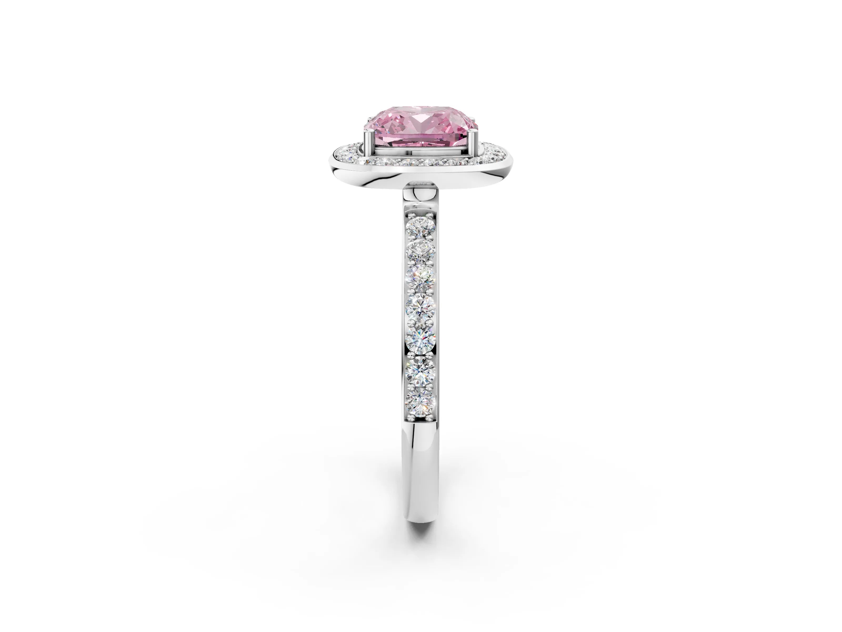 White gold Fancy Pink Cushion Cut Diamond Halo Ring with Bezel Frame and Pavé Band_2
