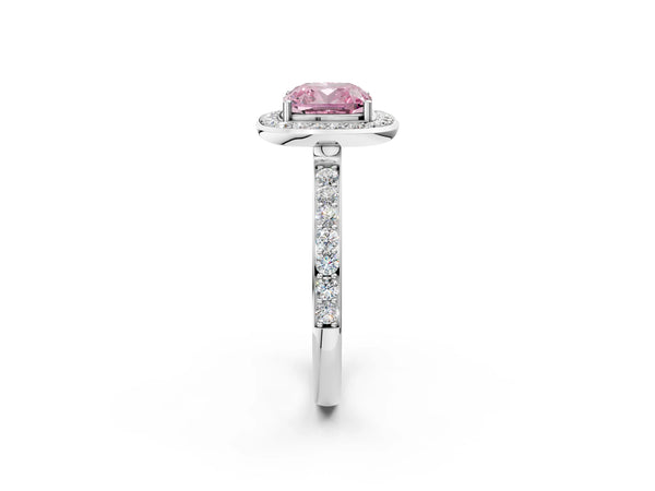 White gold Fancy Pink Cushion Cut Diamond Halo Ring with Bezel Frame and Pavé Band