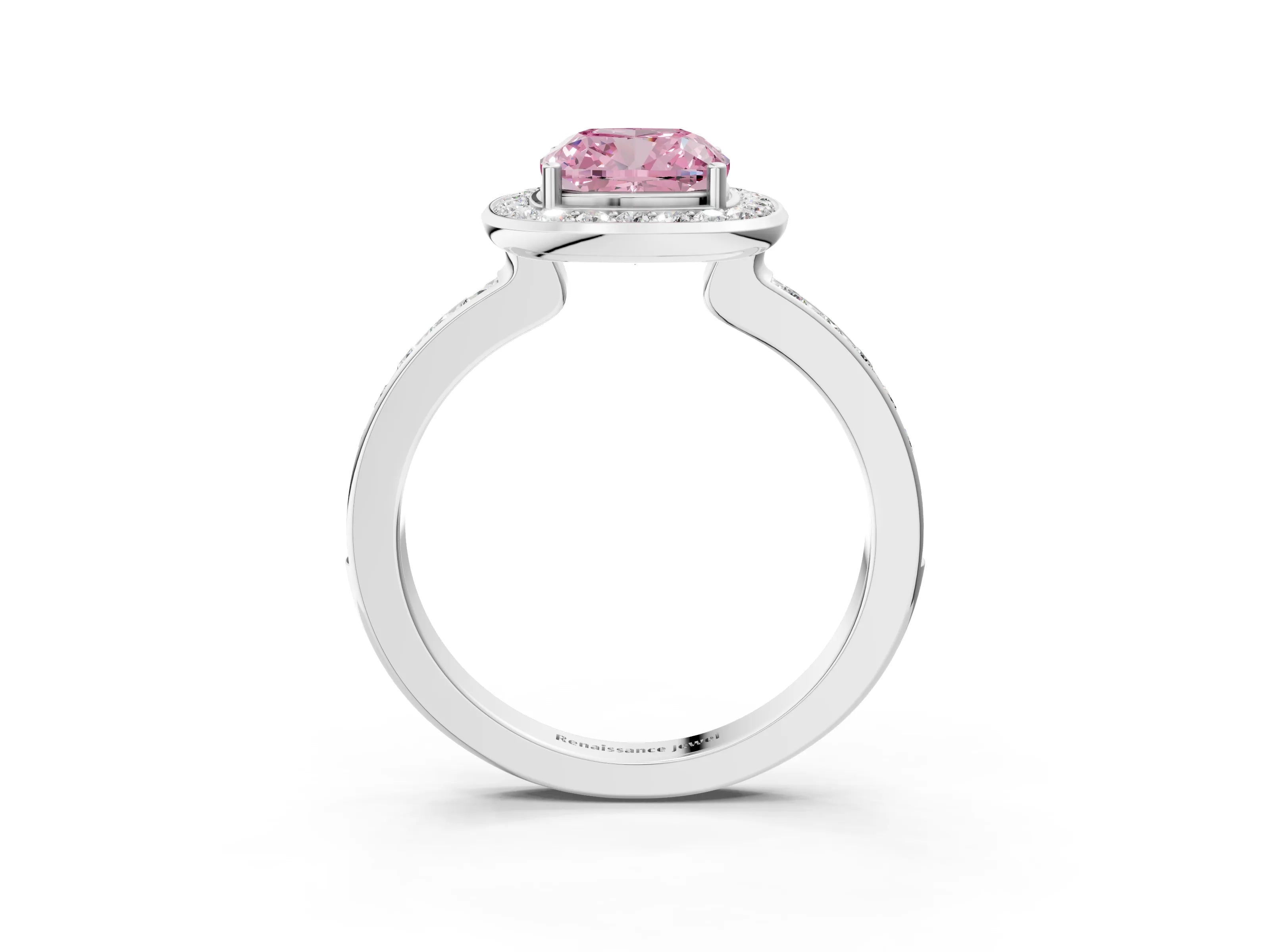 White gold Fancy Pink Cushion Cut Diamond Halo Ring with Bezel Frame and Pavé Band_3