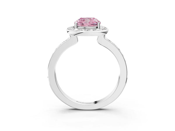 White gold Fancy Pink Cushion Cut Diamond Halo Ring with Bezel Frame and Pavé Band