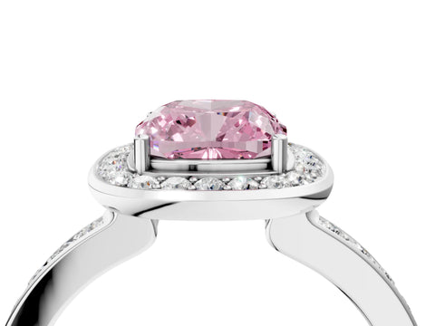 White gold Fancy Pink Cushion Cut Diamond Halo Ring with Bezel Frame and Pavé Band_4