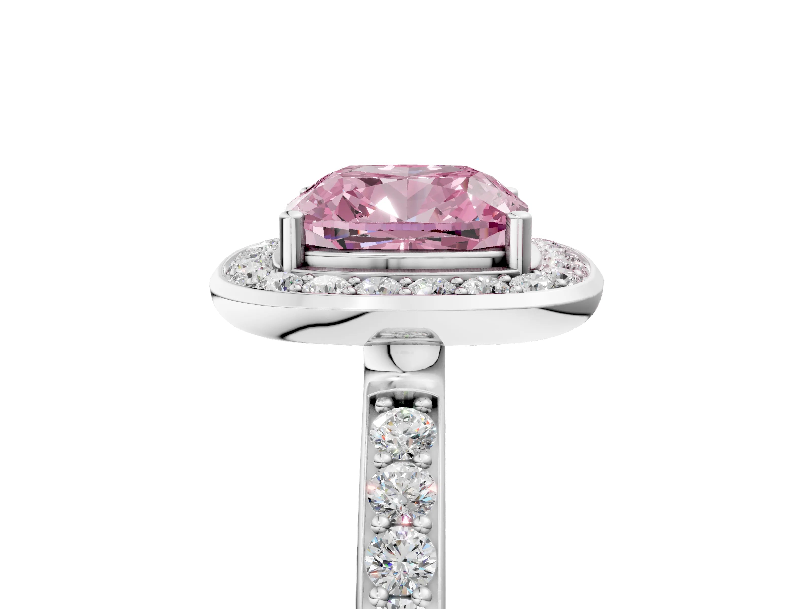 White gold Fancy Pink Cushion Cut Diamond Halo Ring with Bezel Frame and Pavé Band_5